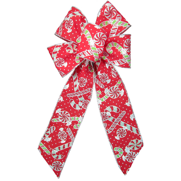 Wired Peppermint Candy Canes Christmas Bow (2.5"ribbon~6"Wx10"L)