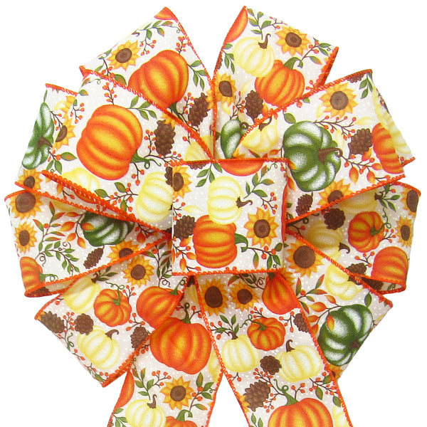 Fall Harvest Bows - Wired Pumpkins Sunflowers & Rose Hips Fall Bows (2.5"ribbon~10"Wx20"L)