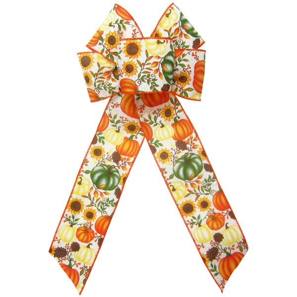 Fall Pumpkin Bows - Wired Pumpkins Sunflowers & Rose Hips Fall Bows (2.5"ribbon~6"Wx10"L)