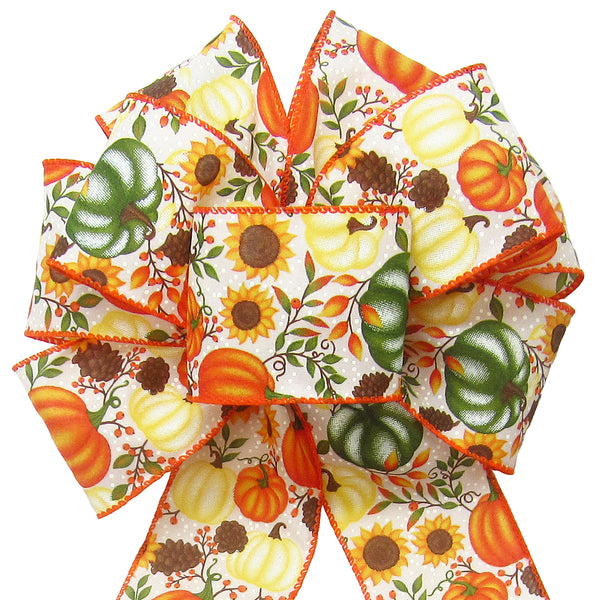 Fall Wreath Bows - Wired Pumpkins Sunflowers & Rose Hips Fall Bows (2.5"ribbon~8"Wx16"L)
