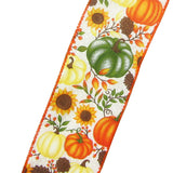 Autumn Harvest Ribbon - Wired Pumpkins Sunflowers & Rose Hips Fall Ribbon (#40-2.5"Wx10Yards)