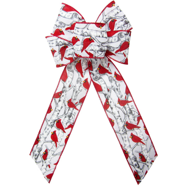 Cardinal Bows - Wired Red Birds on White Birch Trees Bow (2.5"ribbon~6"Wx10"L)