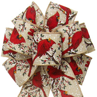 Cardinal Wreath Bows - Wired Red Cardinals on Snowy Branches Bow (2.5"ribbon~8"Wx16"L)