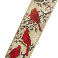 Natural Cardinal Ribbon - Wired Red Cardinals on Snowy Branches Ribbon (#40-2.5"Wx10Yards)