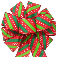 Christmas Wreath Bows - Wired Red & Green Dotted Stripes Bow (2.5"ribbon~10"Wx20"L)