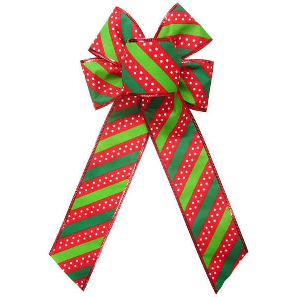 Christmas Bows - Copy of Wired Red & Green Dotted Stripes Bow (2.5"ribbon~6"Wx10"L)