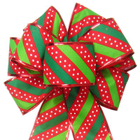 Christmas Wreath Bows - Wired Red & Green Dotted Stripes Bow (2.5"ribbon~8"Wx16"L)