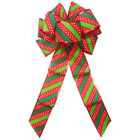 Christmas Bows - Wired Red & Green Dotted Stripes Bow (2.5"ribbon~8"Wx16"L)