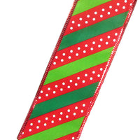 Christmas Ribbon - Wired Red & Green Dotted Stripes Christmas Ribbon (#40-2.5"Wx10Yards)