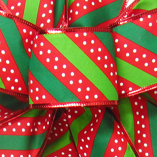 Wired Christmas Ribbon - Wired Red & Green Dotted Stripes Christmas Ribbon (#40-2.5"Wx10Yards)