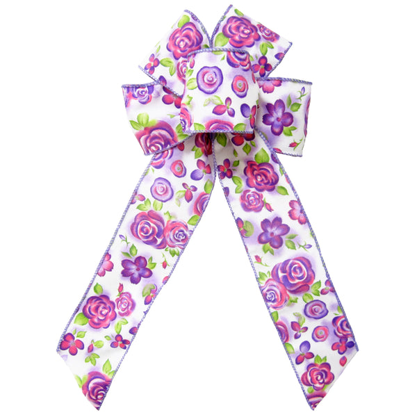 Wired Spring Purple Floral Blooms Bow (2.5"ribbon~6"Wx10"L)
