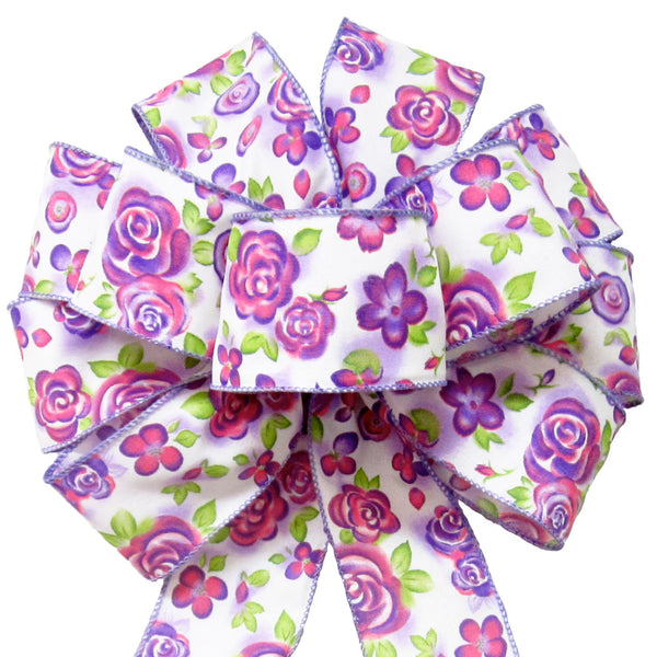 Wired Spring Purple Floral Blooms Bow (2.5"ribbon~10"Wx20"L)