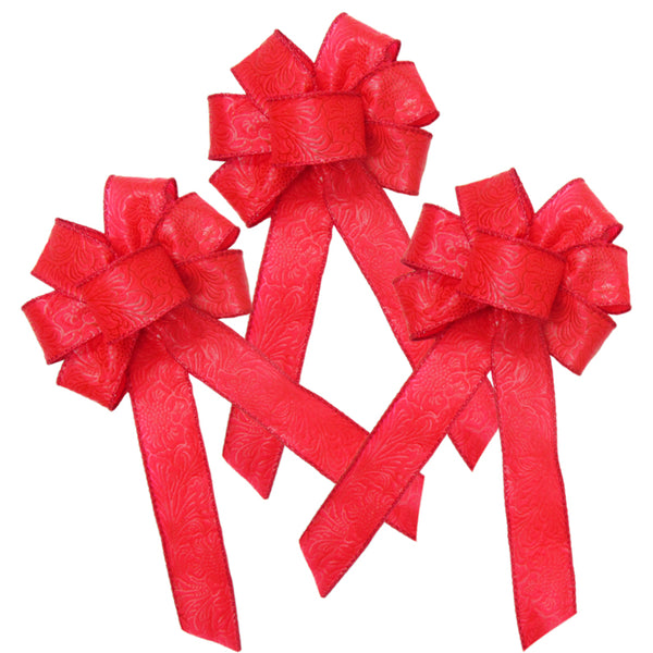 Wired Indoor Outdoor Bright Red Floral Embossed Bows (1.5"ribbon~5"Wx8"L) 3Pack