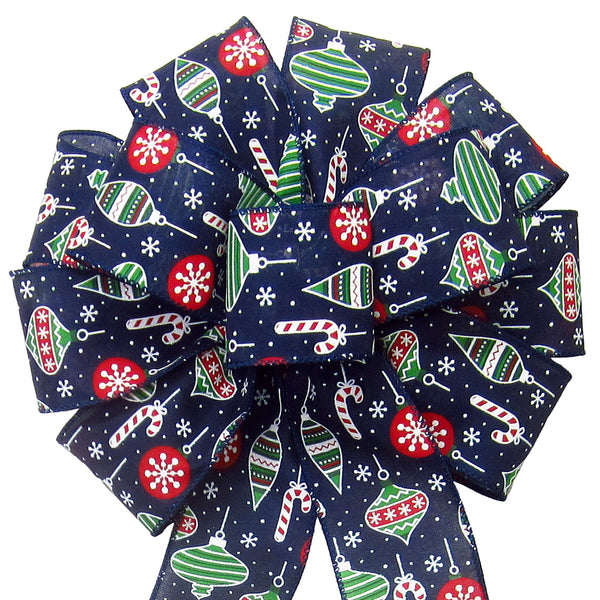 Wired Snowflakes & Ornaments Navy Blue Christmas Bow (2.5"ribbon~10"Wx20"L)