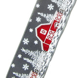 Wired Snowy Red Barn on Linen Christmas Ribbon (#40-2.5"Wx10Yards)