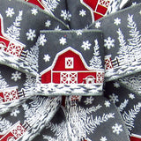 Wired Snowy Red Barn on Linen Christmas Ribbon (#40-2.5"Wx10Yards)
