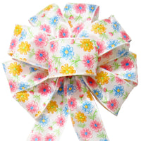 Wired Spring Daisies Floral Blooms Bow (2.5"ribbon~10"Wx20"L)