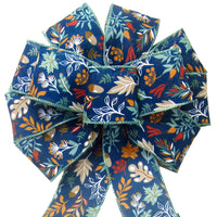 Wired Teal Fall Foliage on Navy Blue Linen Bows (2.5"ribbon~10"Wx20"L)