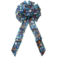 Wired Teal Fall Foliage on Navy Blue Linen Bows (2.5"ribbon~10"Wx20"L)