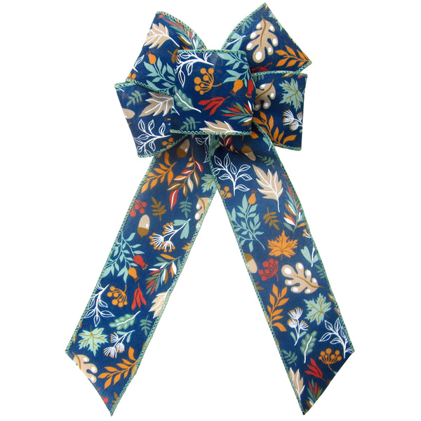 Wired Teal Fall Foliage on Navy Blue Linen Bows (2.5"ribbon~6"Wx10"L)