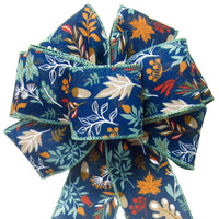 Wired Teal Fall Foliage on Navy Blue Linen Bows (2.5"ribbon~8"Wx16"L)