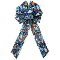 Wired Teal Fall Foliage on Navy Blue Linen Bows (2.5"ribbon~8"Wx16"L)