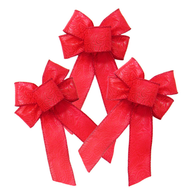 Wired Indoor Outdoor Bright Red Floral Embossed Bows (1.5"ribbon~4"Wx6"L) 3Pack