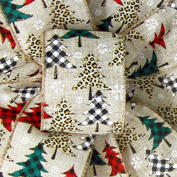 Christmas Ribbon - Wired Buffalo Plaid Cheetah Forest Ribbon (#40-2.5"Wx10Yards)