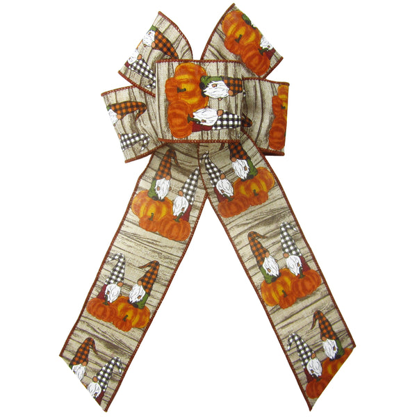 Fall Bows - Wired Fall Gnomes on Pumpkins Harvest Bows (2.5"ribbon~6"Wx10"L)
