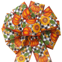 Fall Bows - Wired Buffalo Plaid Pumpkins Sunflowers Bows (2.5"ribbon~10"Wx20"L)