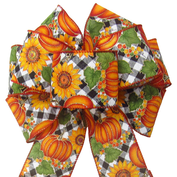 Fall Bows - Wired Buffalo Plaid Pumpkins Sunflowers Bows (2.5"ribbon~8"Wx16"L)
