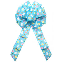 Easter Wreath Bows - Wired Bunnies & Gingham Eggs Blue Bow (2.5"ribbon~10"Wx20"L)