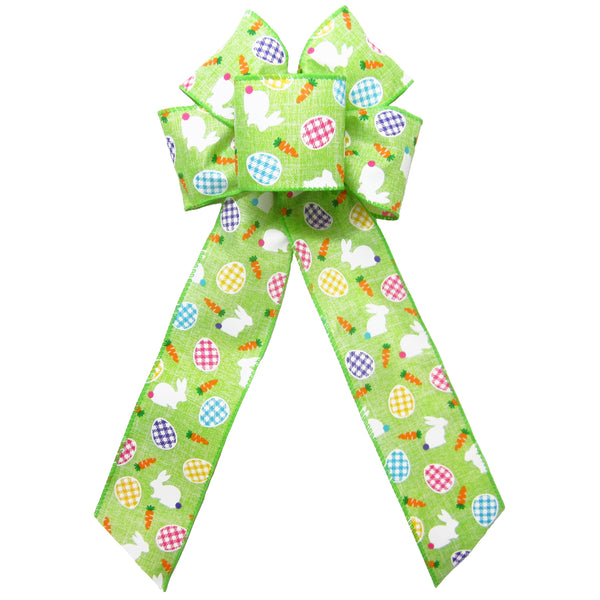 Easter Bows - Wired Bunnies & Gingham Eggs Lime Bow (2.5"ribbon~6"Wx10"L)