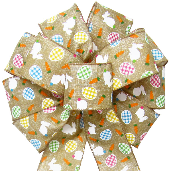 Easter Bunny Bows - Wired Bunnies & Gingham Eggs Natural Bow (2.5"ribbon~10"Wx20"L)