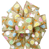 Easter Bows - Wired Bunnies & Gingham Eggs Natural Bow (2.5"ribbon~8"Wx16"L)