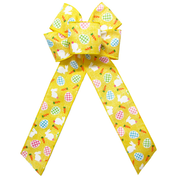 Easter Bows - Wired Bunnies & Gingham Eggs Yellow Bow (2.5"ribbon~6"Wx10"L)