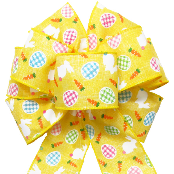 Easter Bows - Wired Bunnies & Gingham Eggs Yellow Bow (2.5"ribbon~8"Wx16"L)