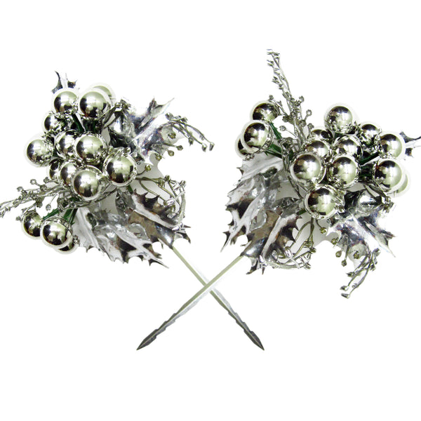 Christmas Decorations - Picked Silver Christmas Holly Balls - 2 Pk