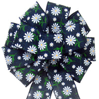 Spring Bows - Wired White Daisies on Navy Blue Linen Bow (2.5"ribbon~10"Wx20"L)