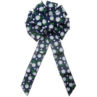 Wired Spring Bows - Wired White Daisies on Navy Blue Linen Bow (2.5"ribbon~10"Wx20"L)