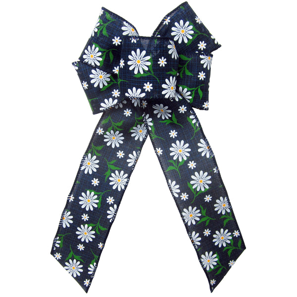 Spring Daisies Bow - Wired White Daisies on Navy Blue Linen Bow (2.5"ribbon~6"Wx10"L)