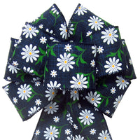 Easter Bows - Wired White Daisies on Navy Blue Linen Bow (2.5"ribbon~8"Wx16"L)