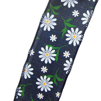 Spring Ribbon - Wired White Daisies on Navy Blue Linen Ribbon (#40-2.5"Wx10Yards)
