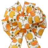 Fall Bows - Wired Dotted Fall Pumpkins on Ivory Bows (2.5"ribbon~10"Wx20"L)