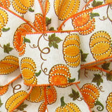 Wired Fall Ribbon - Wired Dotted Pumpkins on Ivory Ribbon (#40-2.5"Wx10Yards)
