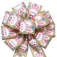 Easter Bows - Wired Easter Bunnies & Eggs Natural Bow (2.5"ribbon~10"Wx20"L)