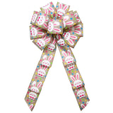 Easter Basket Bows - Wired Easter Bunnies & Eggs Natural Bow (2.5"ribbon~10"Wx20"L)