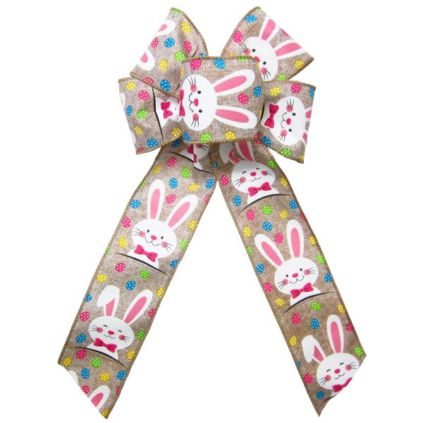 Easter Bows - Wired Easter Bunnies & Eggs Natural Bow (2.5"ribbon~6"Wx10"L)