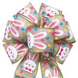 Easter Wreath Bows - Wired Easter Bunnies & Eggs Natural Bow (2.5"ribbon~8"Wx16"L)