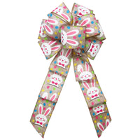 Easter Basket Bows - Wired Easter Bunnies & Eggs Natural Bow (2.5"ribbon~8"Wx16"L)